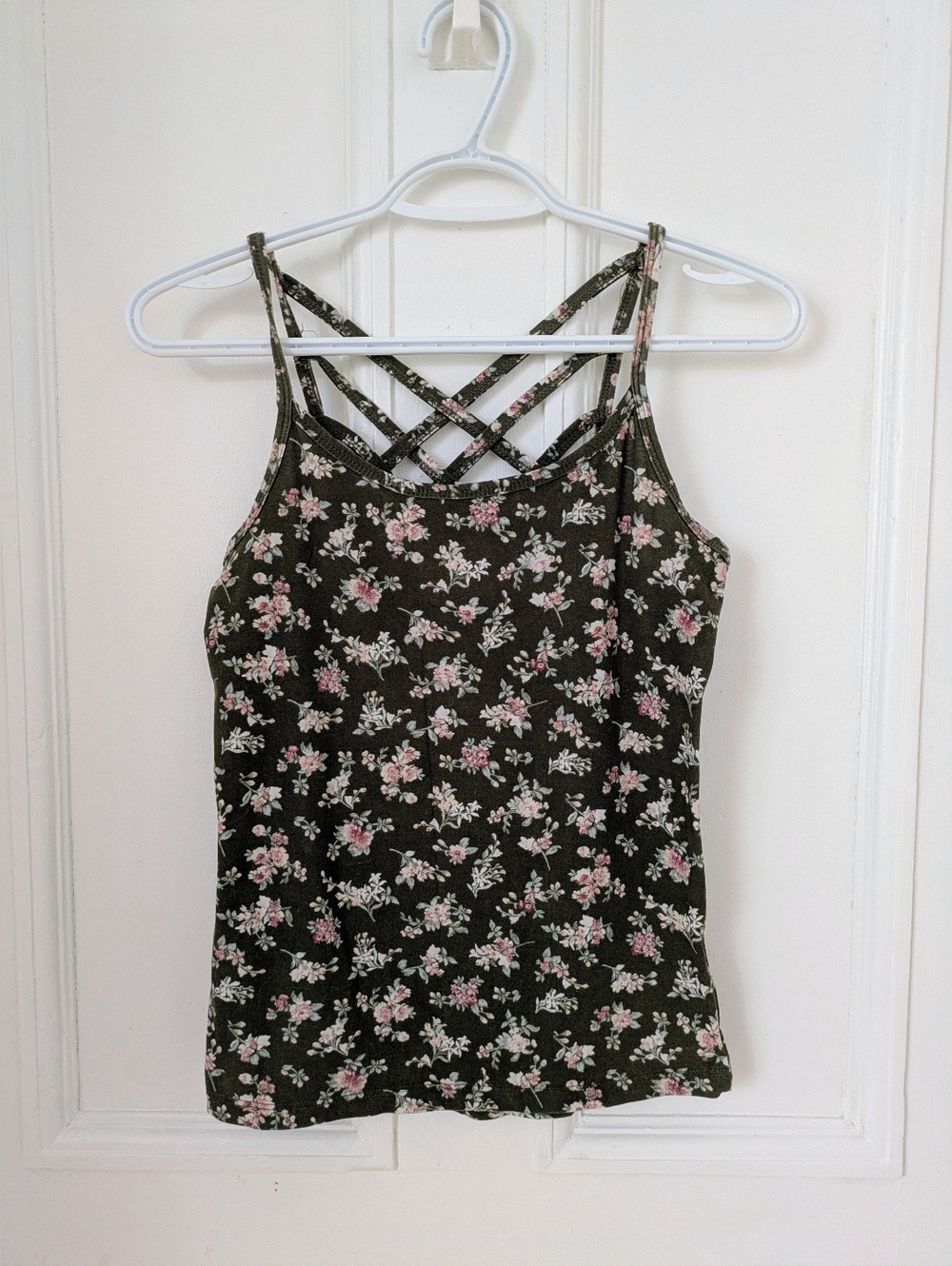 Green Floral Crisscross Cami with Pink Flowers